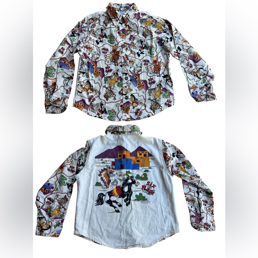 VINTAGE 1994 Six Flags Kids Western Looney Tunes All-Over Print Shirt Bugs Bunny